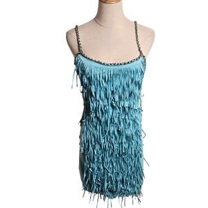 Agatha Stretch Green Fringe Mini Dress
